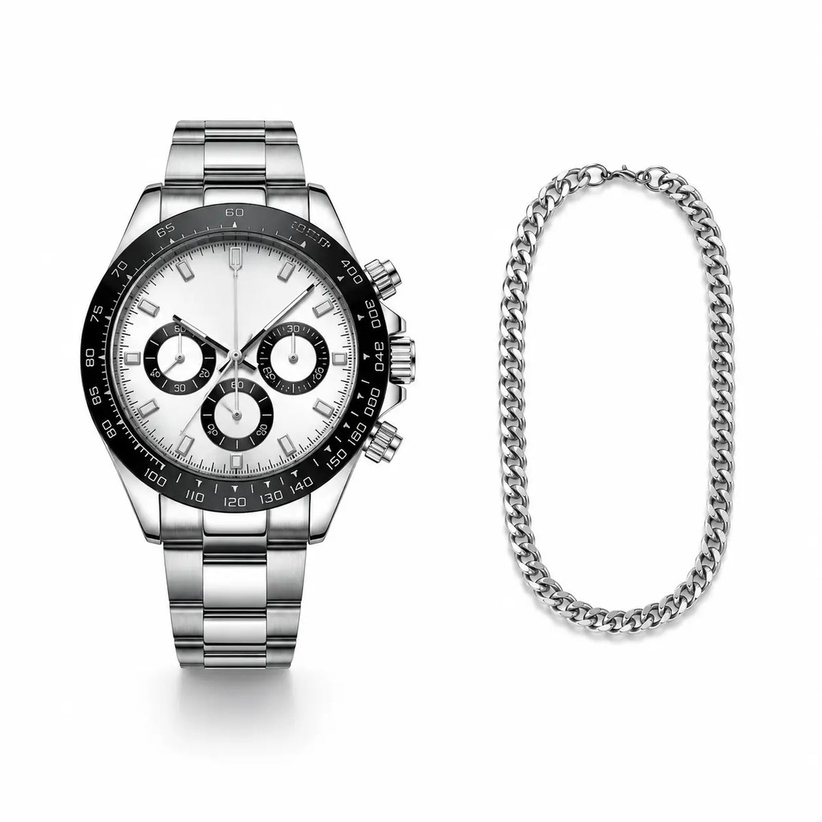 Silver watch with black face and chain on a white background