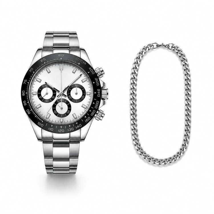 Silver watch with black face and chain on a white background