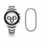 Silver watch with black face and chain on a white background