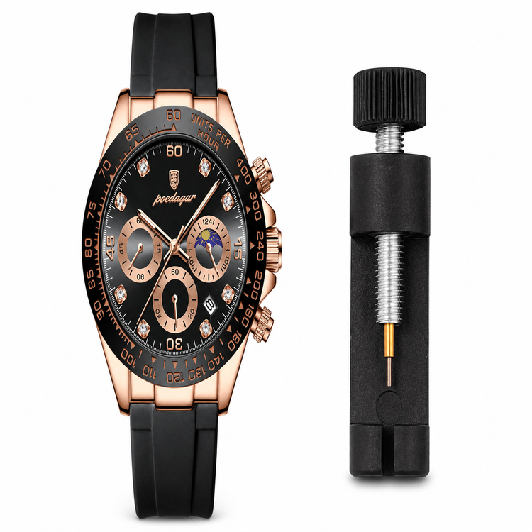 Luxury watch with black strap and rose gold case, accompanied by a black tool on a white background.