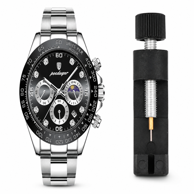 Luxury watch with detailed face and silver bracelet next to a watch winder on a white background