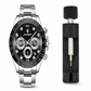 Luxury watch with detailed face and silver bracelet next to a watch winder on a white background
