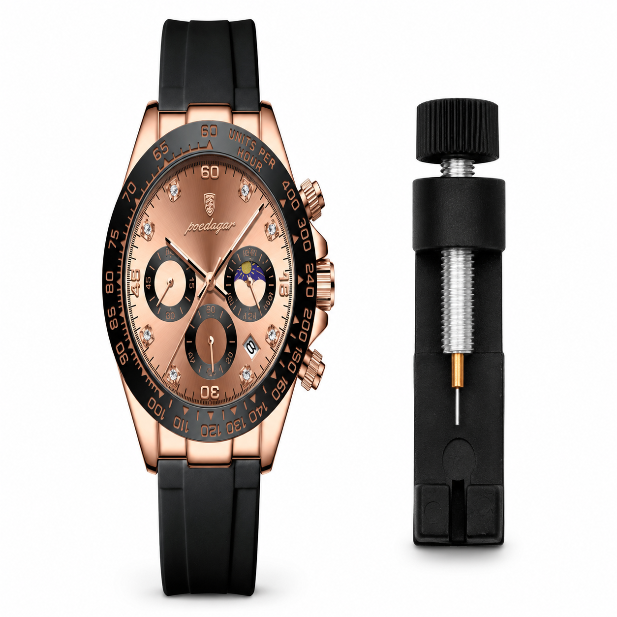 Luxury watch with black strap and rose gold case, accompanied by a black tool on a white background.