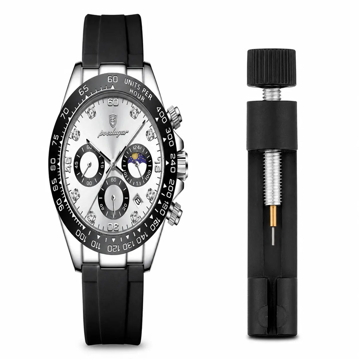 Luxury watch with black strap and detailed face, accompanied by a black pen on a white background.