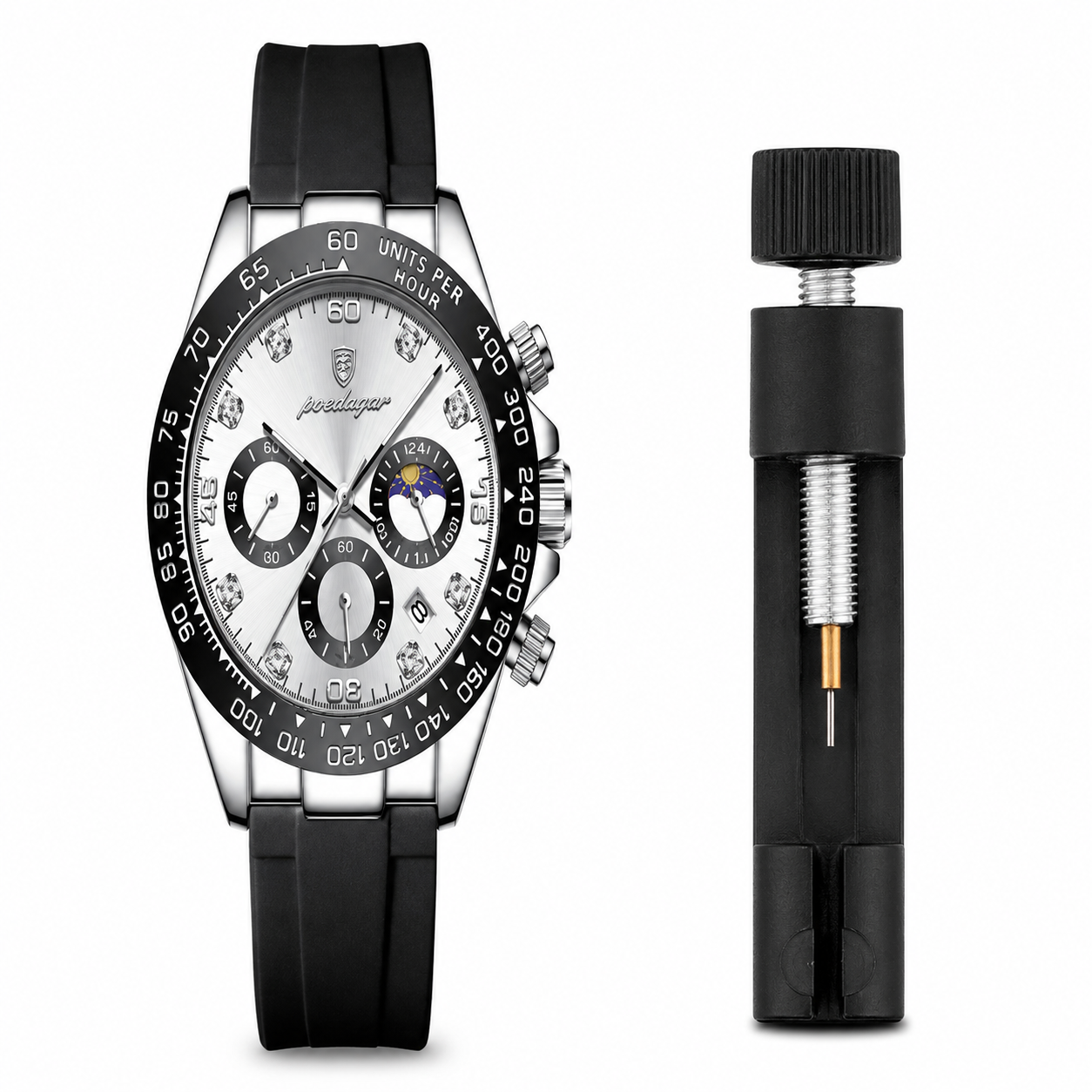 Luxury watch with black strap and detailed face, accompanied by a black pen on a white background.