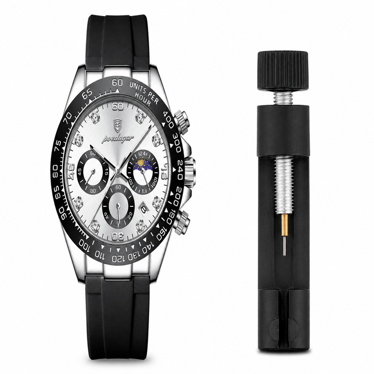 Luxury watch with black strap and detailed face, accompanied by a black pen on a white background.