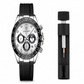 Luxury watch with black strap and detailed face, accompanied by a black pen on a white background.