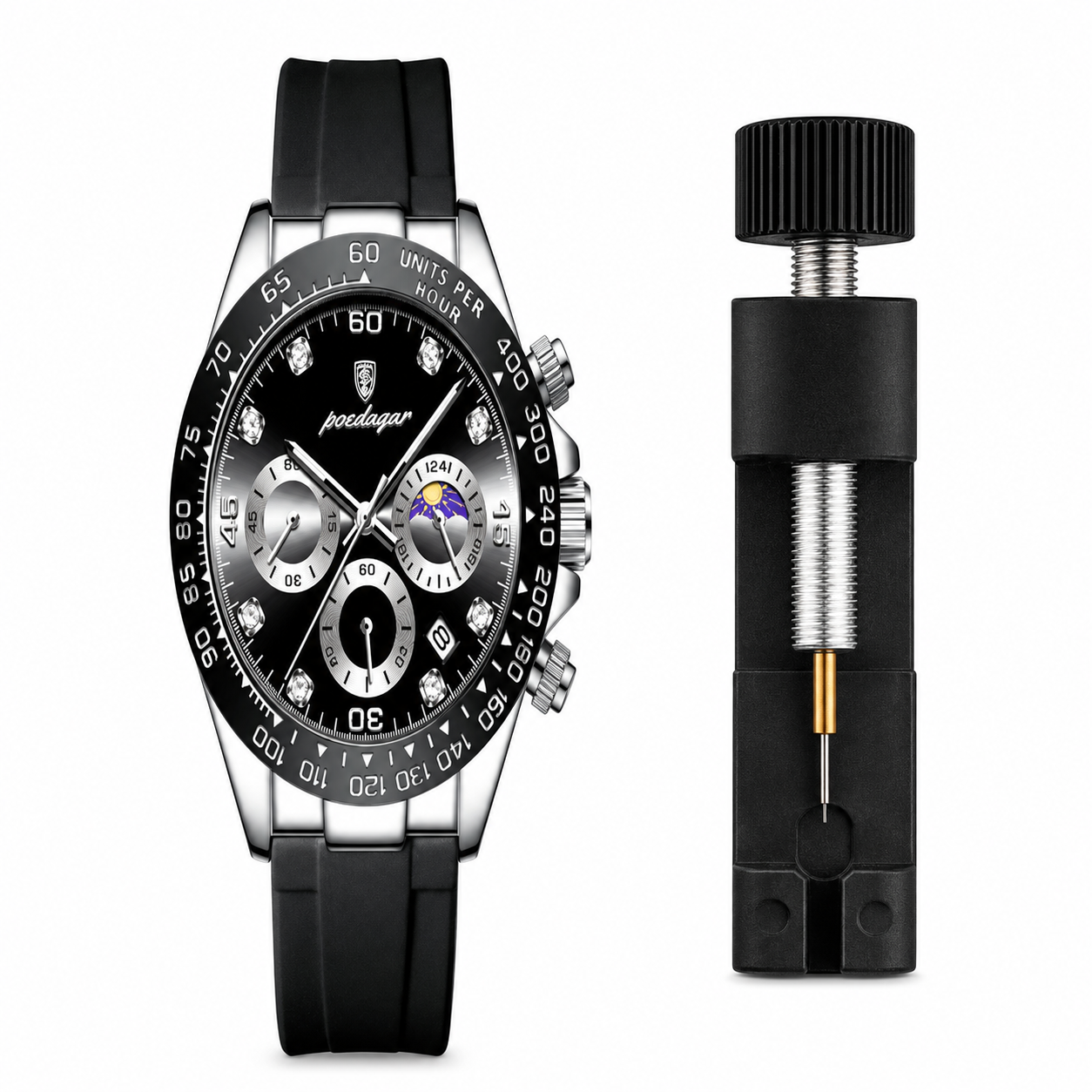 Black and silver watch with a tool on a white background