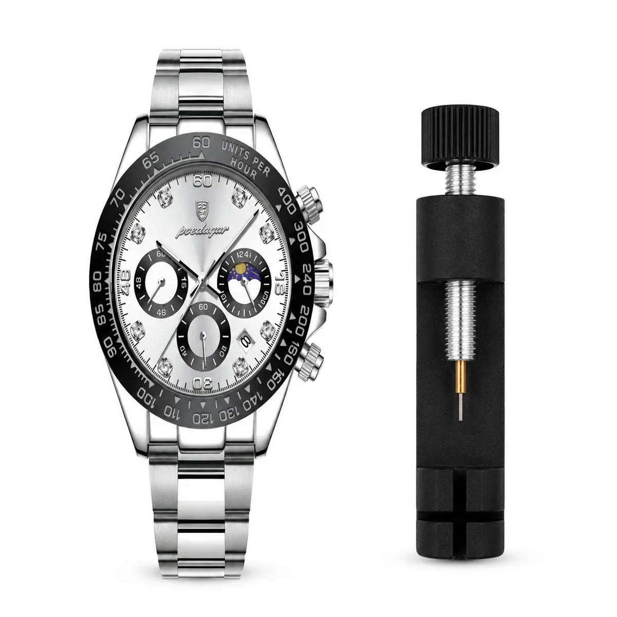 Silver watch with detailed face and black and silver tool on a white background