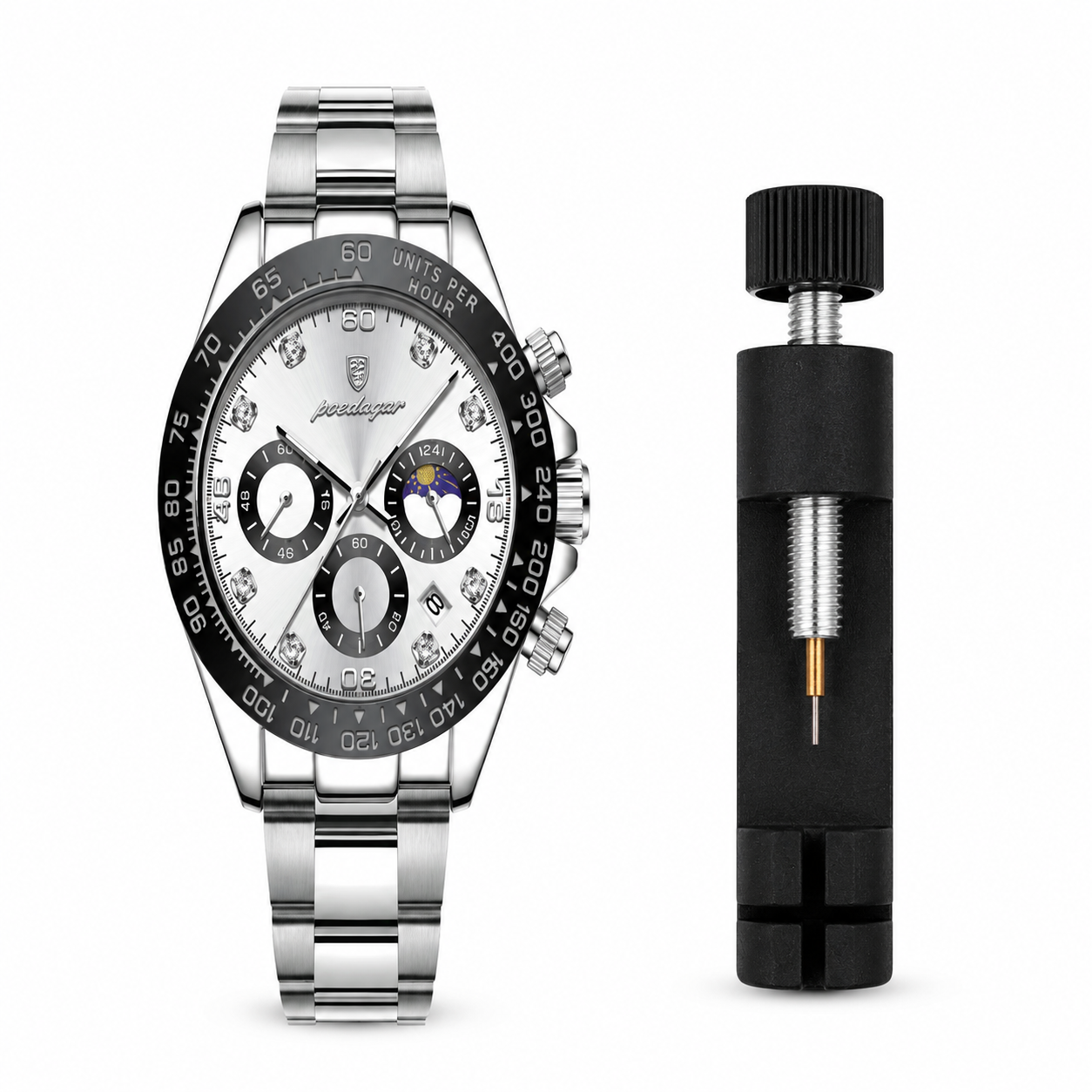 Silver watch with detailed face and black and silver tool on a white background