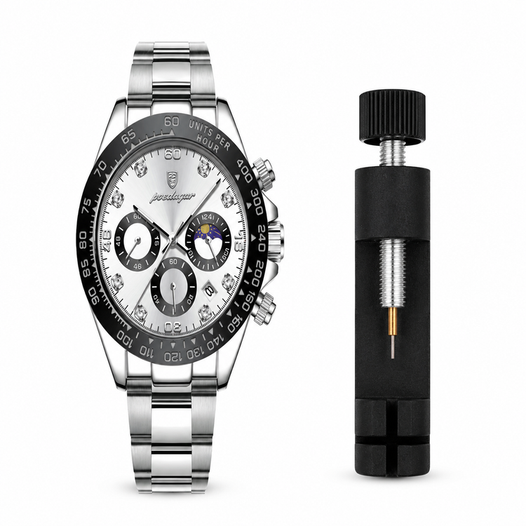 Silver watch with detailed face and black and silver tool on a white background