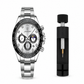 Silver watch with detailed face and black and silver tool on a white background