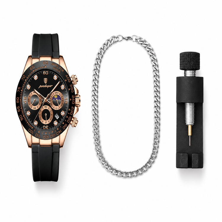 Black watch with rose gold accents, silver chain necklace, and black and silver tool on a white background