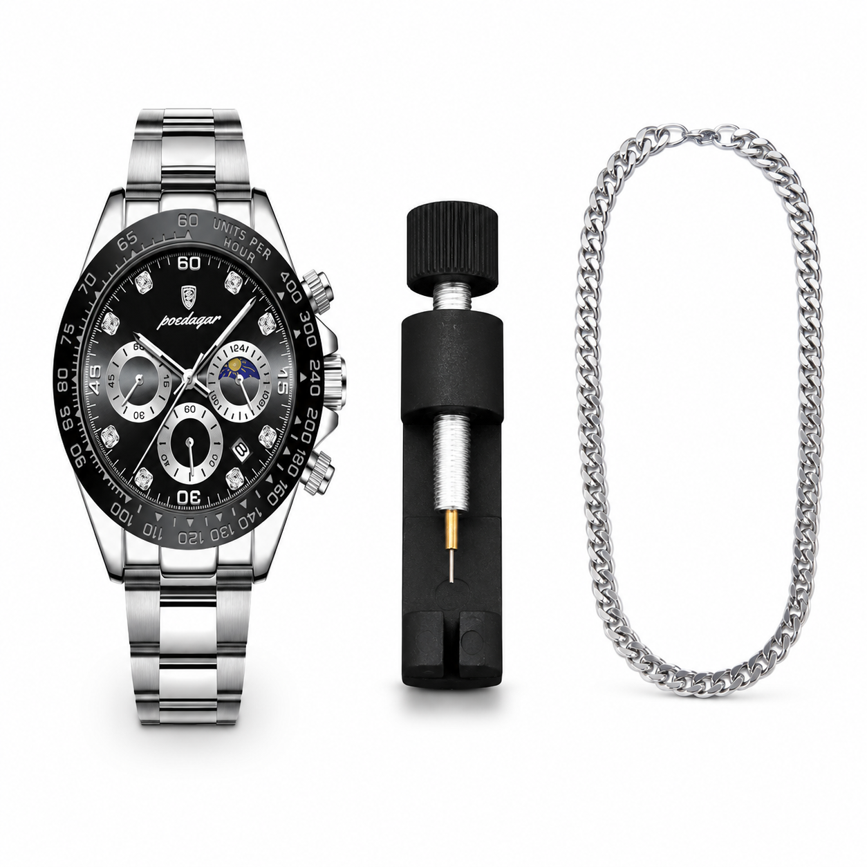 Panduo watch, black and silver chain, and black tool on a white background