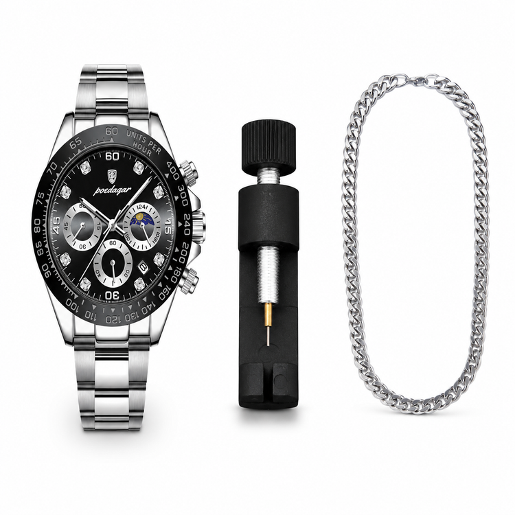 Panduo watch, black and silver chain, and black tool on a white background