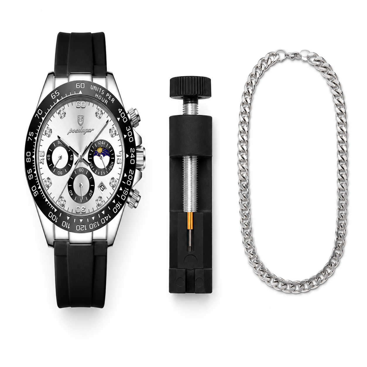 Chronograph watch with black strap, tool, and silver chain on white background