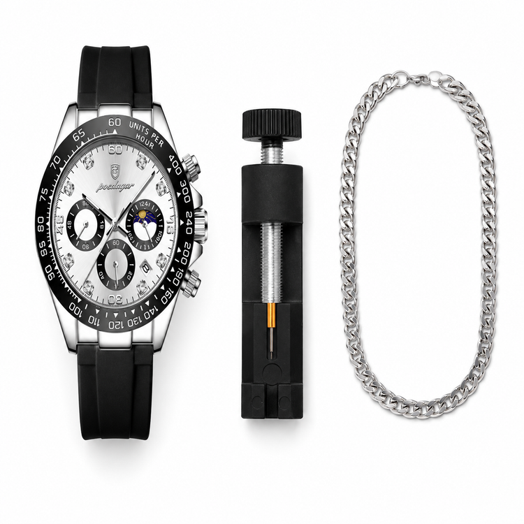 Chronograph watch with black strap, tool, and silver chain on white background