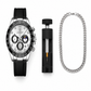 Chronograph watch with black strap, tool, and silver chain on white background