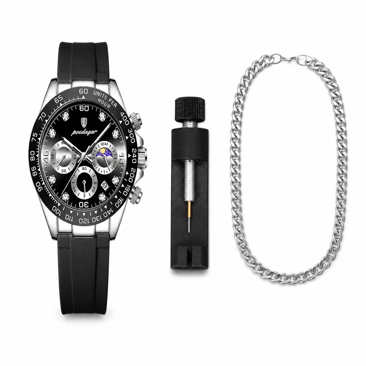 Black watch with silver accents, chain, and tool on a white background