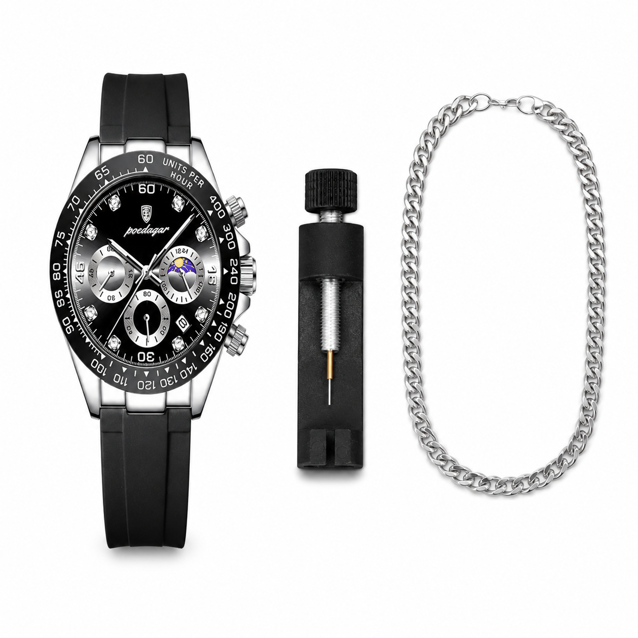 Black watch with silver accents, chain, and tool on a white background