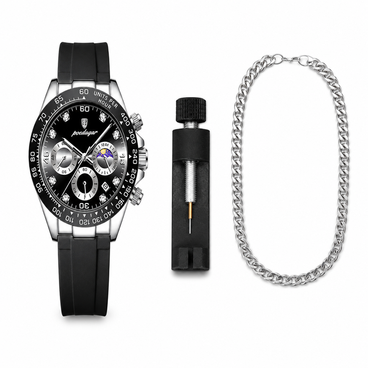 Black watch with silver accents, chain, and tool on a white background