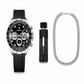 Black watch with silver accents, chain, and tool on a white background