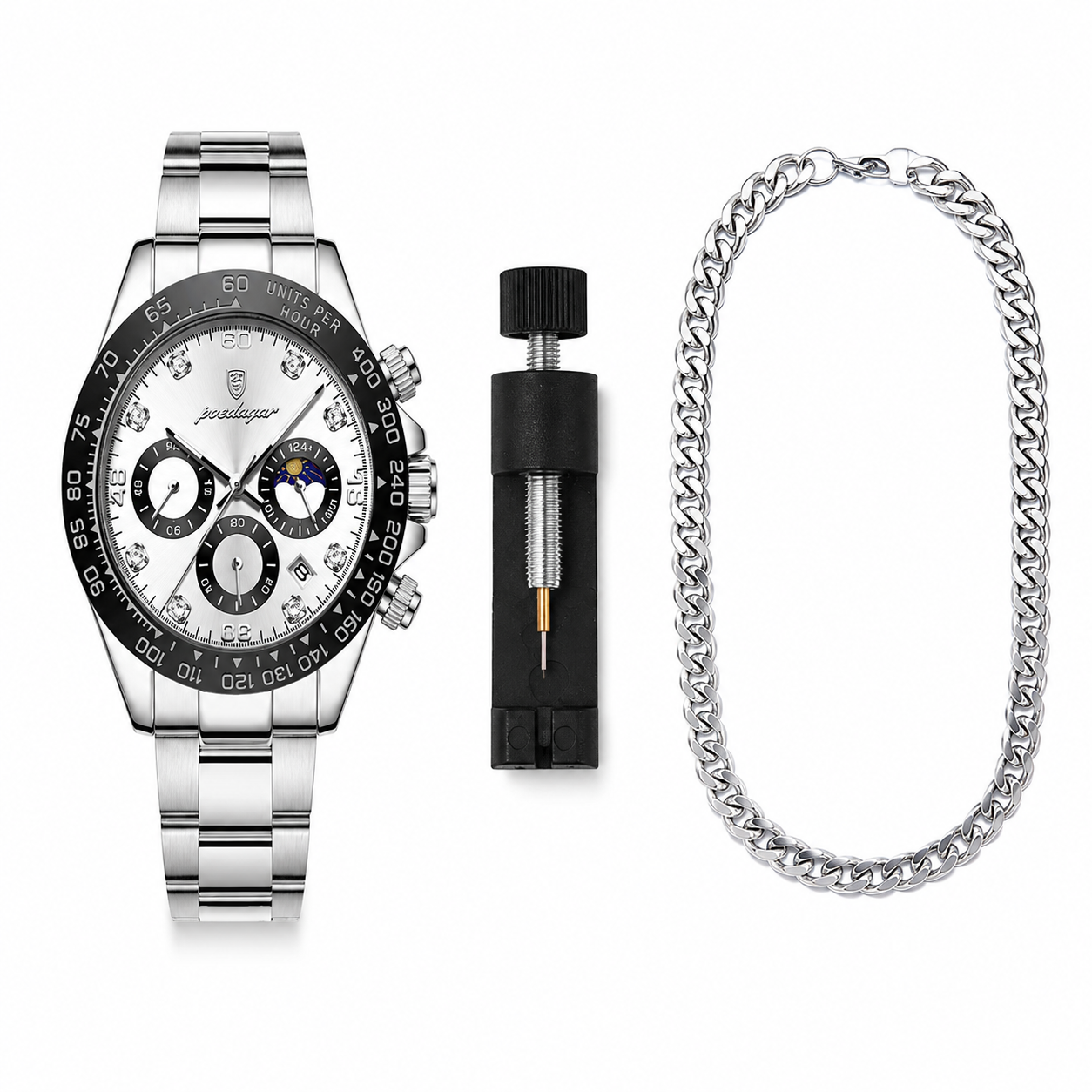 Silver watch with black face, chain, and tool on a white background