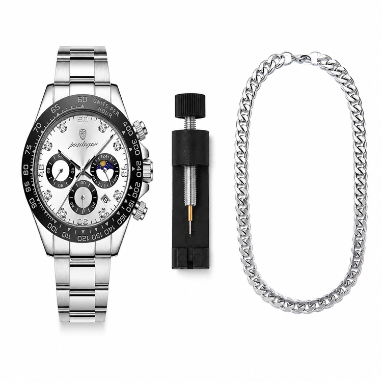 Silver watch with black face, chain, and tool on a white background