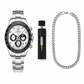 Silver watch with black face, chain, and tool on a white background