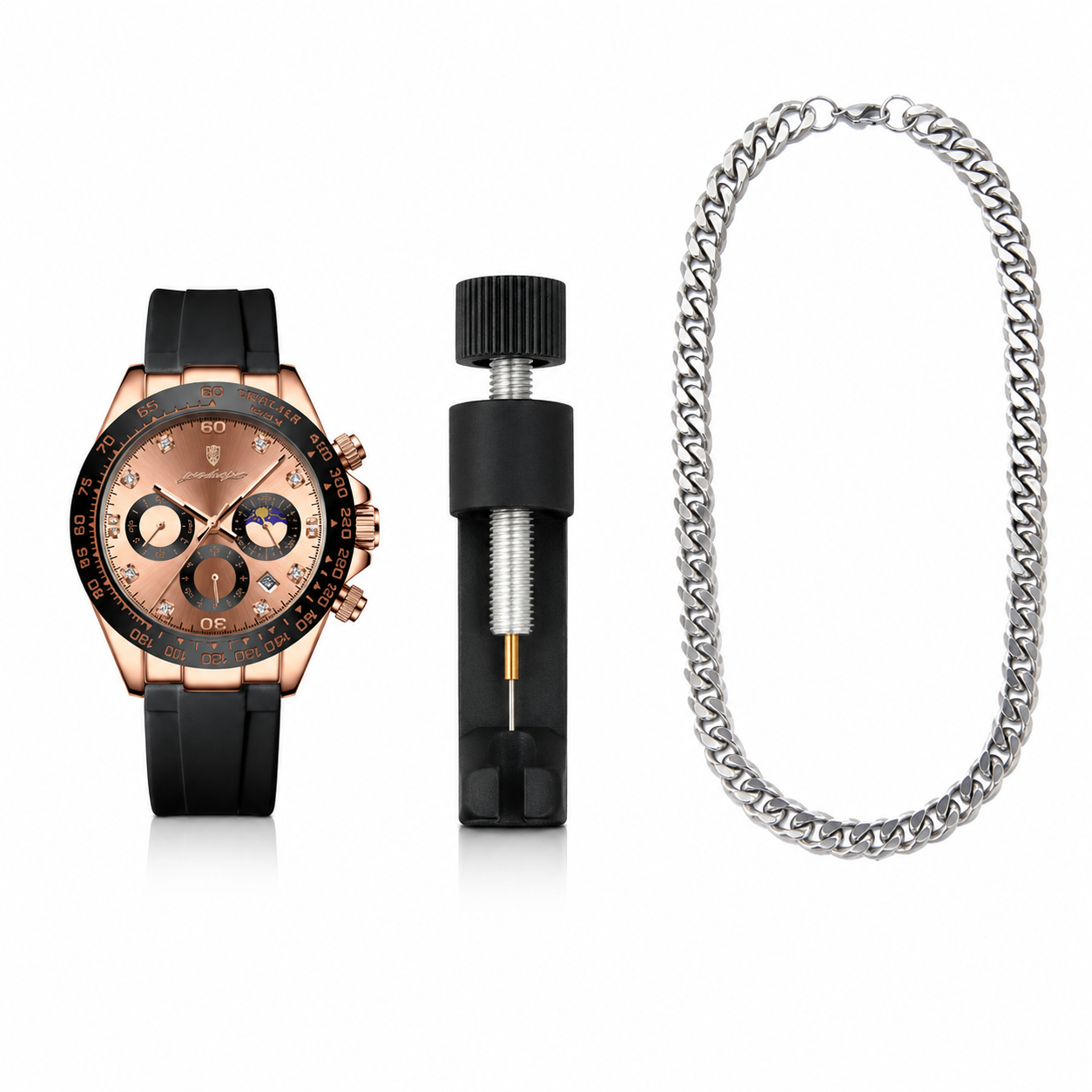Watch, black container with silver cap, and silver chain necklace on a white background