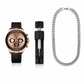 Watch, black container with silver cap, and silver chain necklace on a white background
