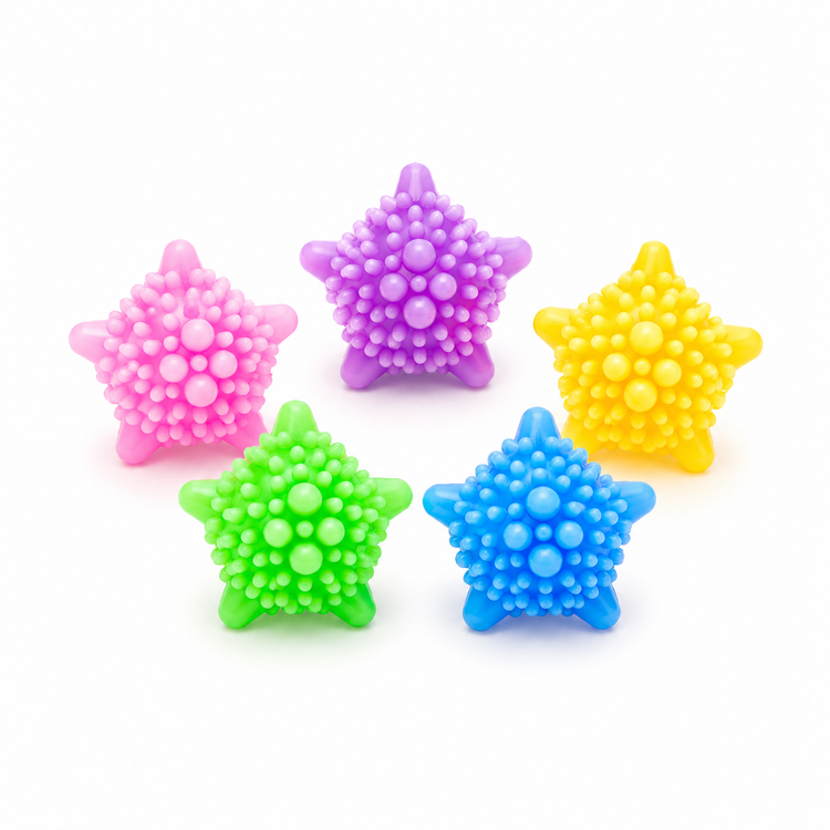 Five colorful star-shaped stress balls on a white background