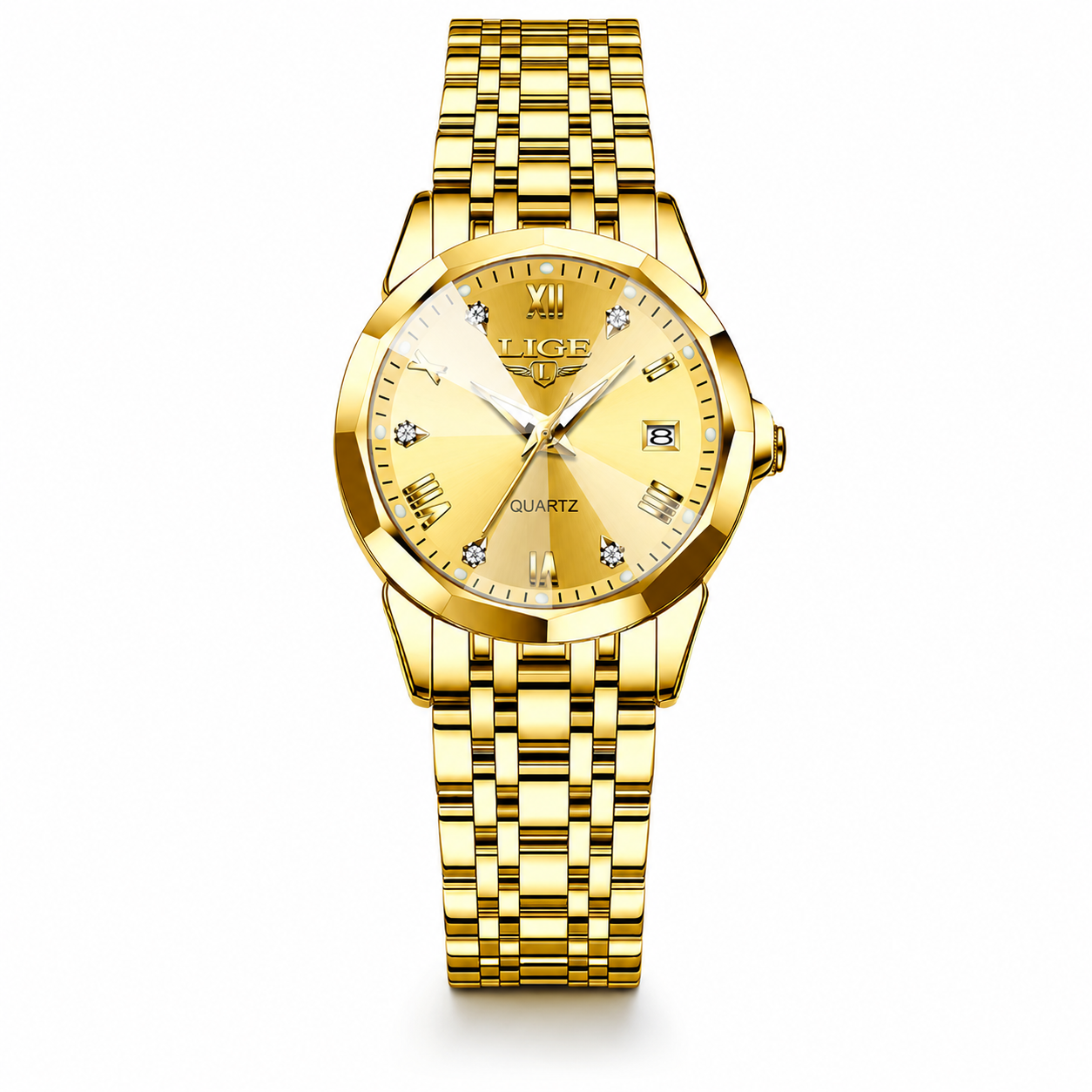 Gold wristwatch with a white background
