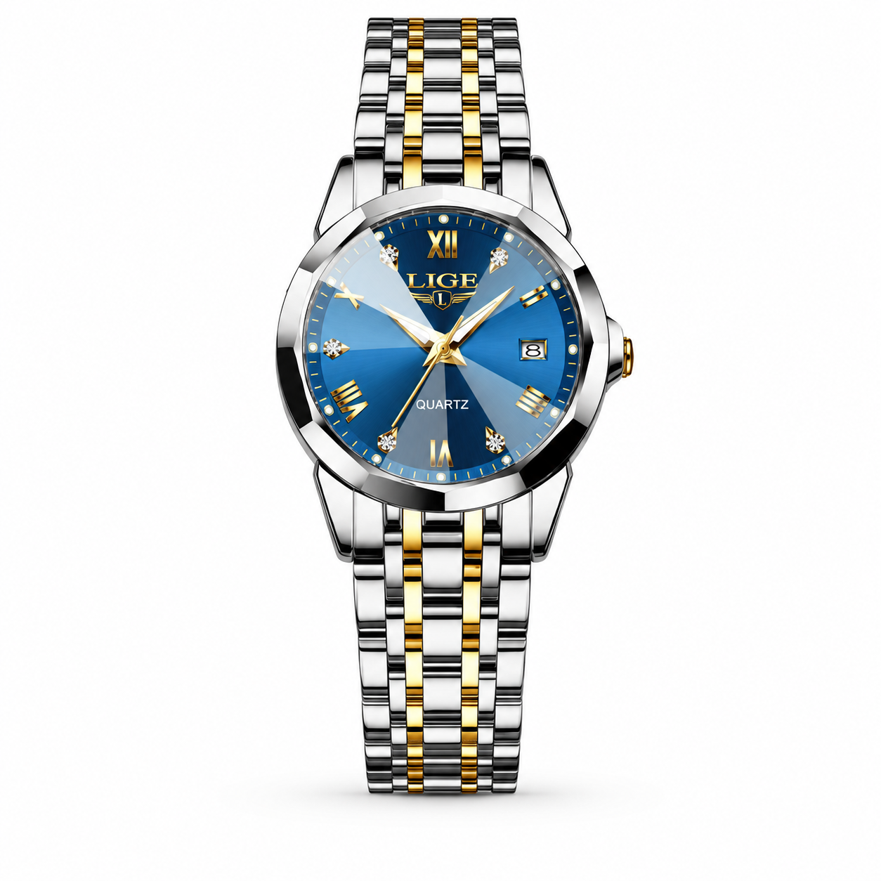Wristwatch with a blue dial and silver and gold metal strap on a white background