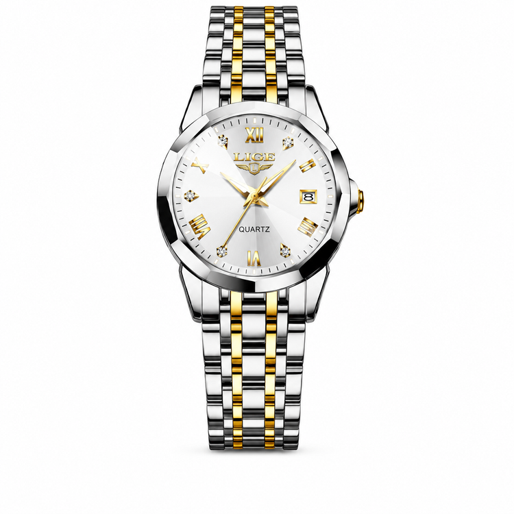 Two-tone silver and gold watch with a white face on a white background