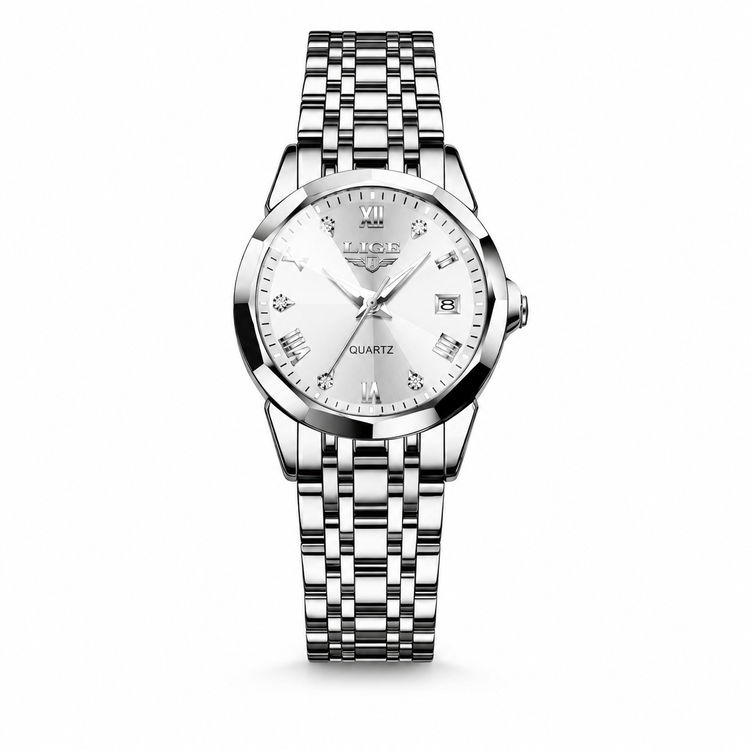 Silver wristwatch with a white face on a white background