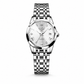 Silver wristwatch with a white face on a white background