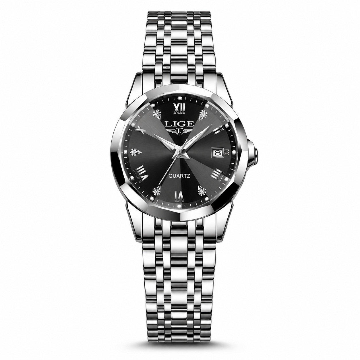 Silver wristwatch with black dial on a white background