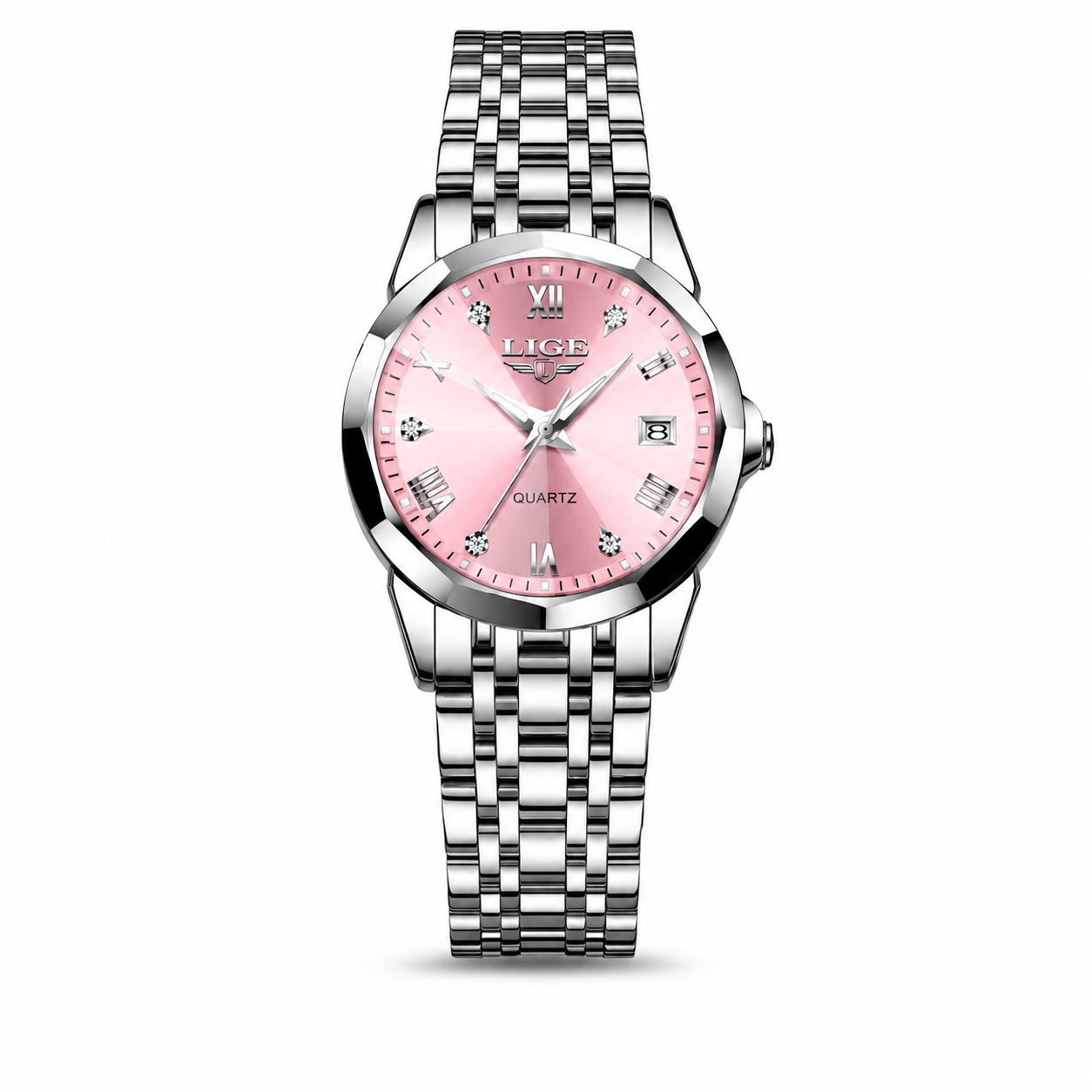Watch with pink dial and silver metal strap on a white background