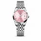 Watch with pink dial and silver metal strap on a white background