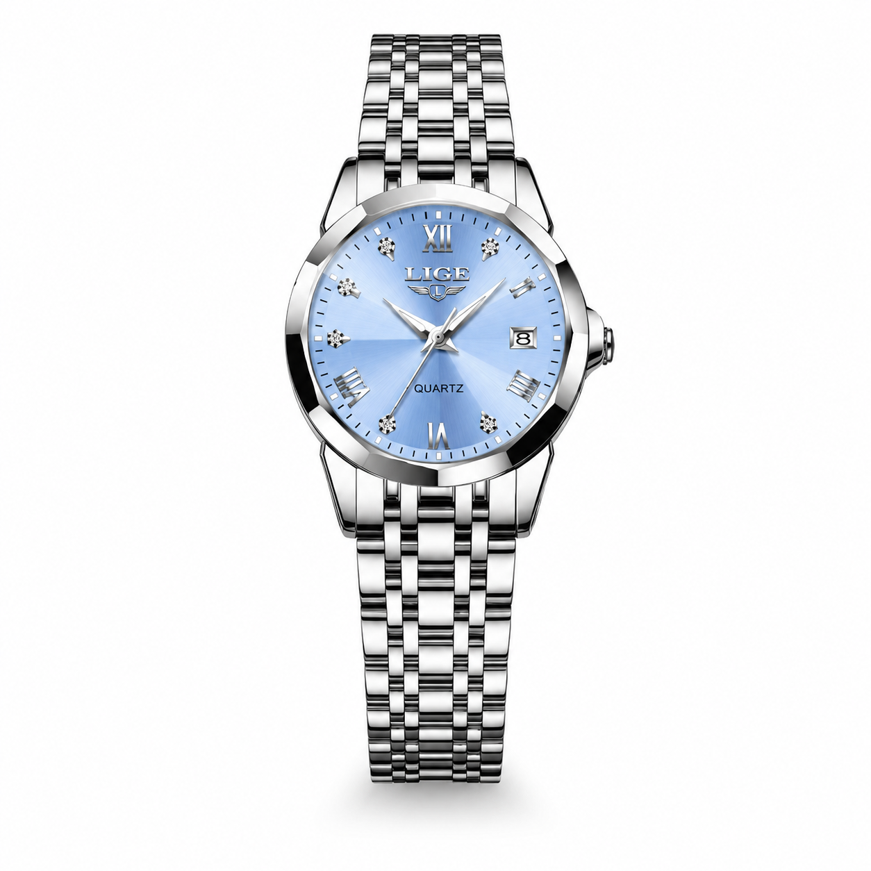Silver watch with a blue face on a white background