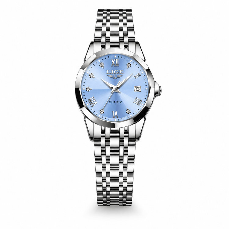 Silver watch with a blue face on a white background