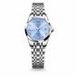 Silver watch with a blue face on a white background