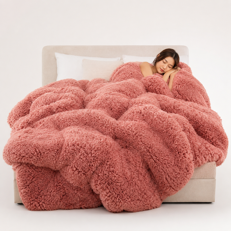 Person wrapped in a fluffy pink blanket on a bed with a white background