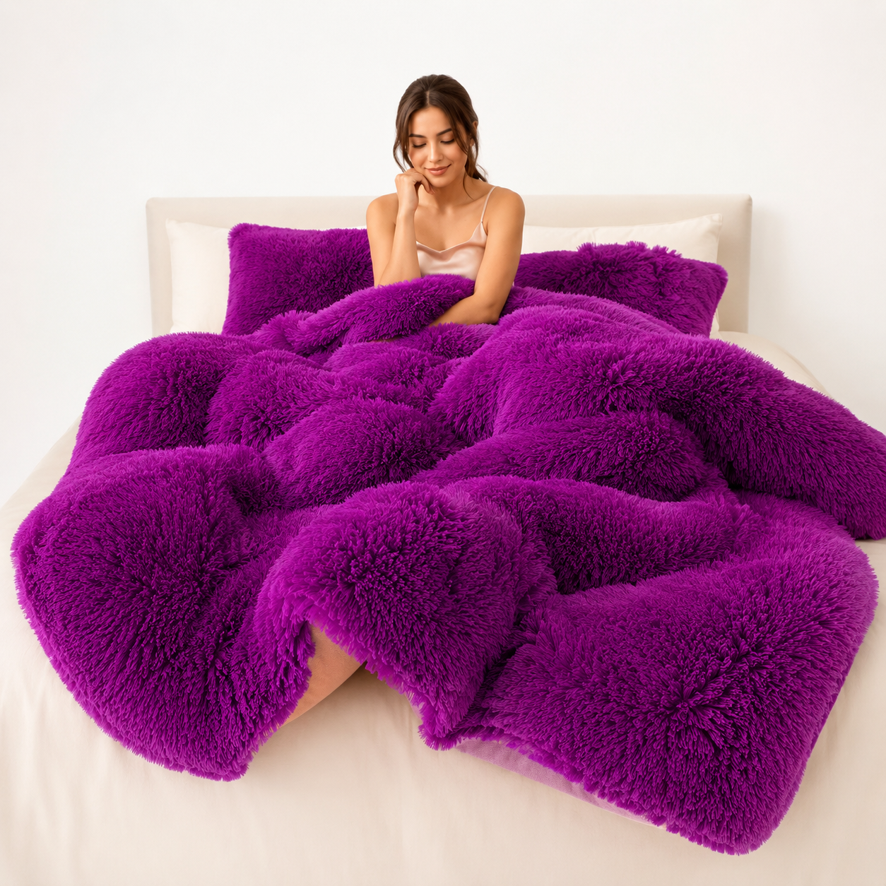 Woman lying on a bed covered with a fluffy purple blanket