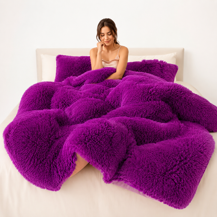 Woman lying on a bed covered with a fluffy purple blanket