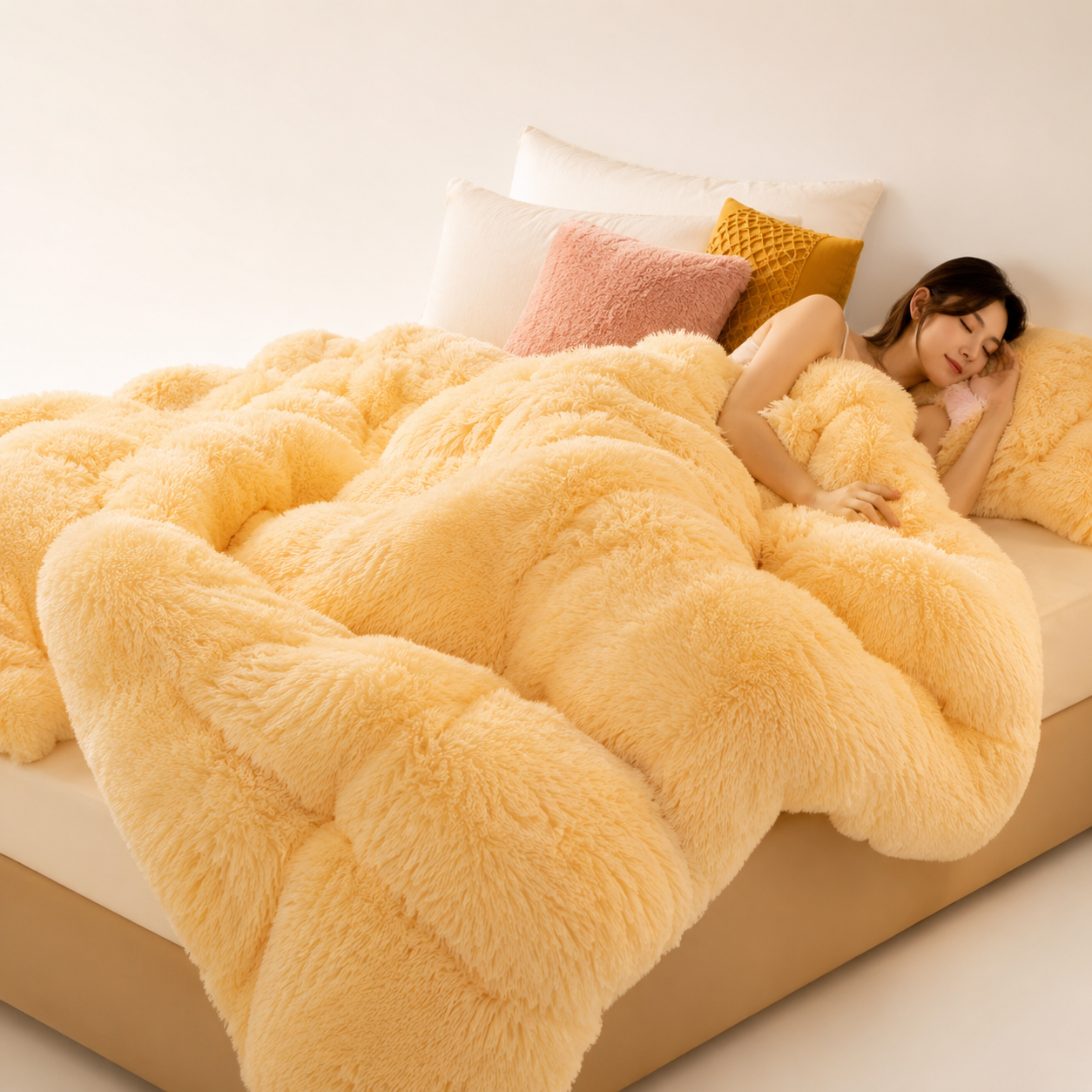 Woman sleeping under a fluffy yellow blanket on a bed with colorful pillows.