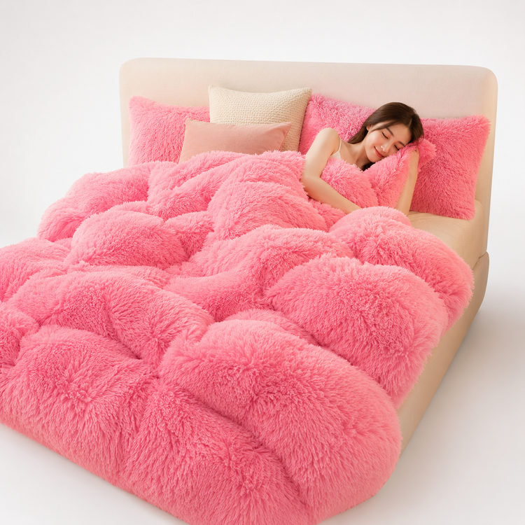 Person lying on a bed with a pink fluffy comforter
