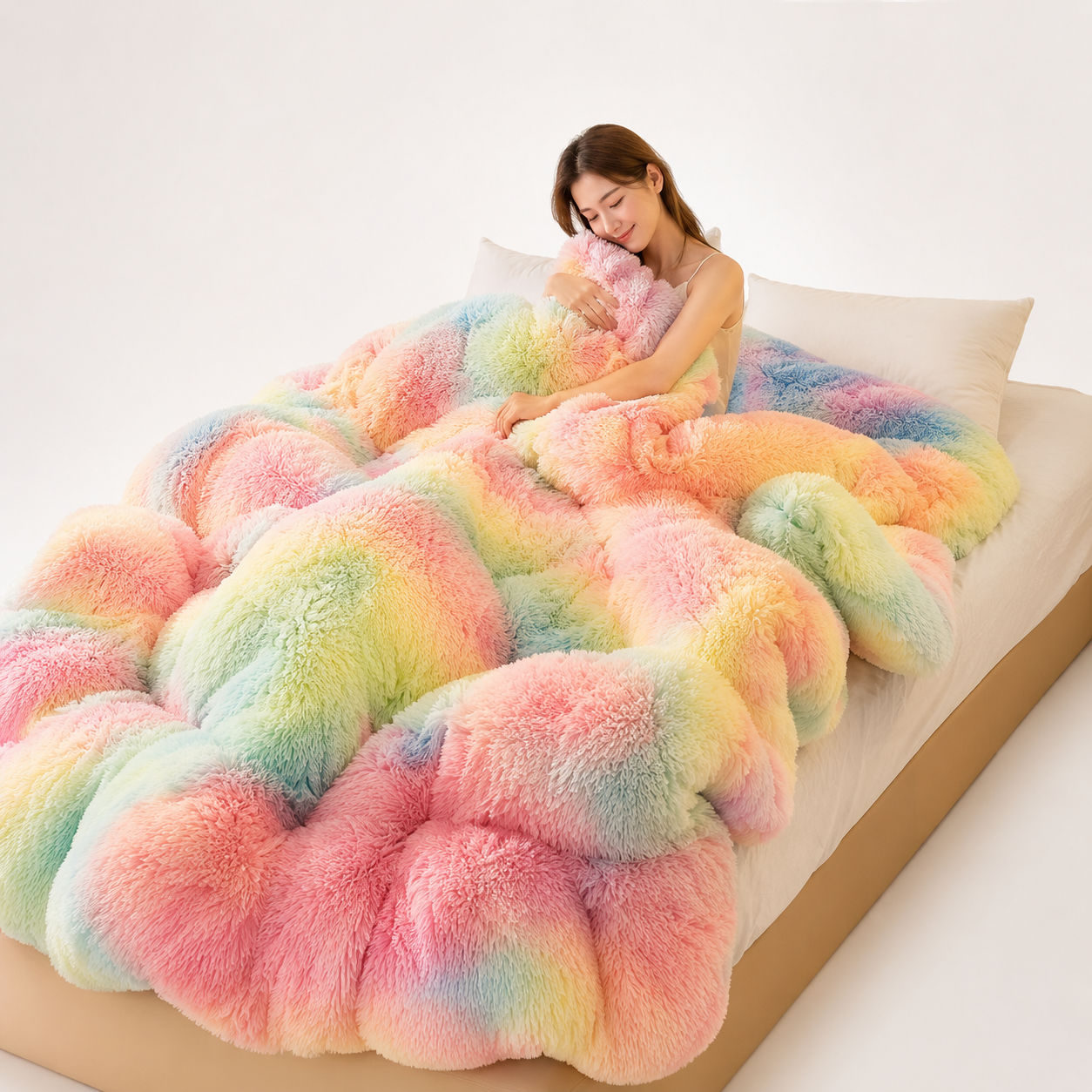 Person wrapped in a fluffy, multicolored blanket on a bed