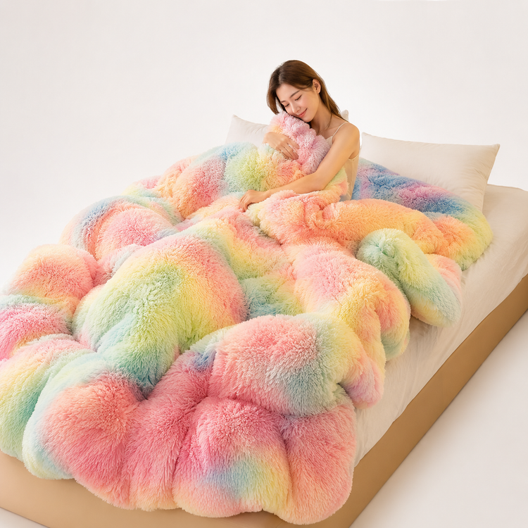 Person wrapped in a fluffy, multicolored blanket on a bed